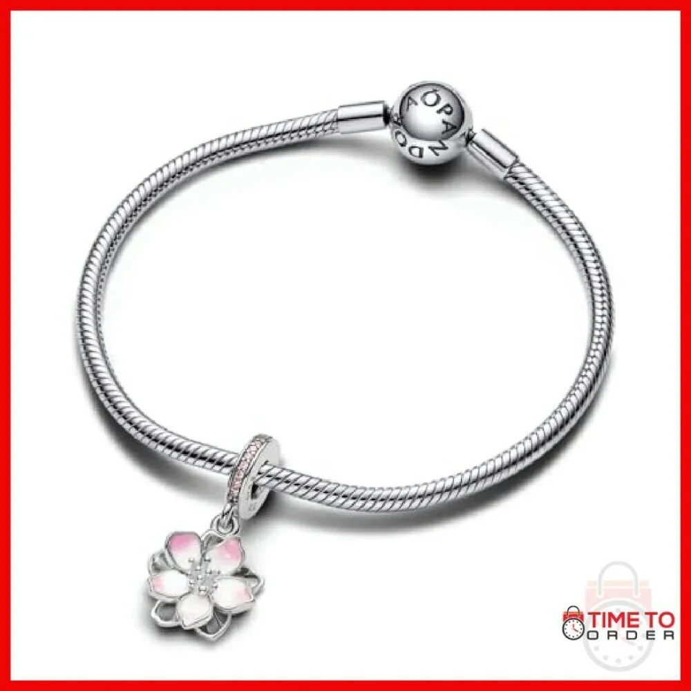 Sterling Silver Cherry Blossom Charm with CZ & Enamel for Bracelet